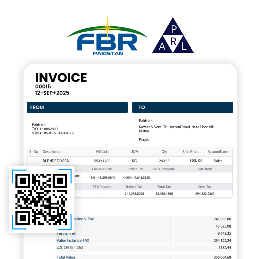 Moneypex invoice featuring a clear, scannable FBR QR Code